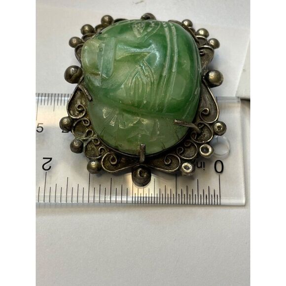 Vintage Silver Carved Green Stone Face Mask Brooch Pin - Picture 5 of 13